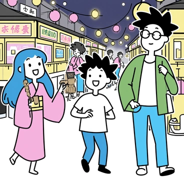 A group of manga characters is walking through a bustling urban market at night. One character, a young girl with long blue hair wearing a pink kimono, is excitedly looking at colorful lanterns hanging above. Next to her, a boy with spiky black hair, dressed in a casual white t-shirt and jeans, is holding a skewer of grilled meat. A tall character with a green jacket and glasses is pointing at various stalls filled with bright, vibrant goods. The market is illuminated by glowing lanterns and neon signs, while other shoppers can be seen in the background browsing and enjoying their night out.