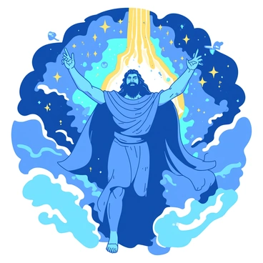 A blue figure of Zeus stands with raised arms, his robes flowing dramatically around him. He is surrounded by swirling clouds, which part to reveal a vibrant celestial realm. In the background, there are golden rays of light streaming down from a bright source, illuminating a variety of sparkling stars and planets. The scene is filled with intricate celestial patterns and ethereal light, creating a sense of grandeur. The expression on Zeus's face is one of power and majesty as he commands the heavens above.