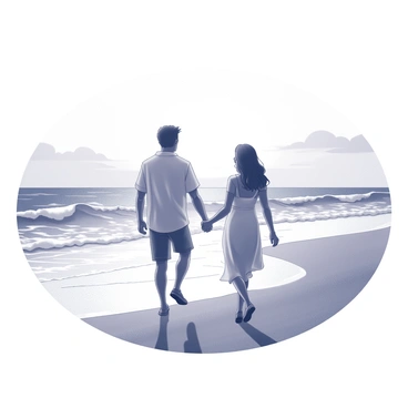 A couple walking hand in hand along a beach. The man has short hair, wearing a light shirt and shorts, while the woman has long hair, dressed in a flowing dress. They are silhouetted against the backdrop of a sunset, with the sun low on the horizon. Gentle waves crash onto the sandy shore, with a texture resembling digital art, creating patterns in the water. The scene captures the intimacy of the couple and the tranquility of the beach setting.
