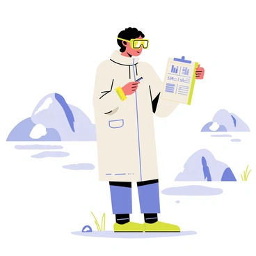 A scientist wearing a white lab coat and safety goggles is standing in a snowy permafrost field. The scientist holds a clipboard with various charts and notes written on it. Snow-covered mounds of permafrost are visible in the background, along with patches of ice glistening under the sunlight. The scientist appears focused, with a pencil tucked behind one ear and a pen in hand, ready to jot down observations. A few scattered rocks and tufts of grass can be seen peeking through the snow, adding detail to the icy landscape.