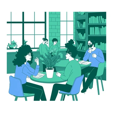 A teal coffee shop interior features warm wooden furniture and brick walls. Large windows allow soft white light to fill the space. Several people are seated at tables, some reading books while others engage in conversation. A woman with curly hair is sipping from a white coffee cup, and a man in a blue sweater is flipping through the pages of a book. A small teal plant is placed on a table next to a white vase holding fresh flowers. The atmosphere is inviting, with shelves lined with books in the background.