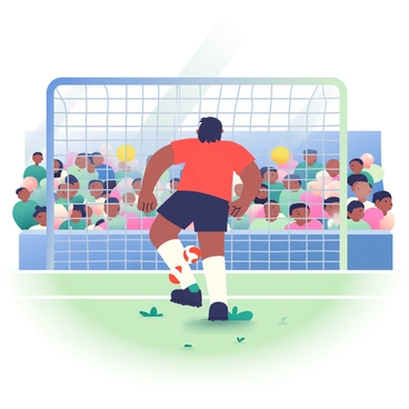 A soccer player with dark hair and wearing a red jersey and black shorts is in the middle of a kick, striking a soccer ball with his right foot. The ball is flying towards the goal, and the net is bulging in the background, indicating a dramatic score. The stadium is filled with excited fans in the stands, waving flags and cheering. Bright stadium lights illuminate the scene, casting shadows across the field. Grass blades are visibly pushed aside where the player is positioned, showing the intensity of the moment.