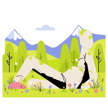 A giant figure made entirely of various sized rocks and green plants is resting in a lush valley. The giant has moss covering parts of its rocky body, blending it harmoniously with the surrounding nature. Tall trees and vibrant flowers grow around its limbs, emphasizing its connection with the environment. The valley is filled with rolling hills and patches of colorful wildflowers, creating a vivid contrast against the giant's earthy tones. A clear blue sky stretches overhead, adding to the peaceful atmosphere of the scene.