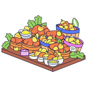 A vibrant market stall featuring a variety of baskets filled with fresh turmeric roots, showcasing their distinct orange-brown color and textured skin. There are also small containers filled with golden turmeric powder, each labeled clearly. The stall is arranged neatly on a wooden table, with bright green leaves scattered around to enhance the display. In the background, there are blurred hints of colorful fruits and vegetables, creating a lively market atmosphere.