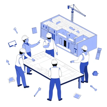 A group of engineers and architects is gathered on a construction site. They are standing around a large set of blueprints laid out on a table. Each person is engaged in discussion, pointing at different sections of the plans. The individuals are dressed in hard hats and safety vests. In the background, there is a partially constructed building, showcasing steel beams and scaffolding. Cranes are visible, indicating ongoing work at the site. The atmosphere is focused and collaborative, with tools and equipment scattered around the area.