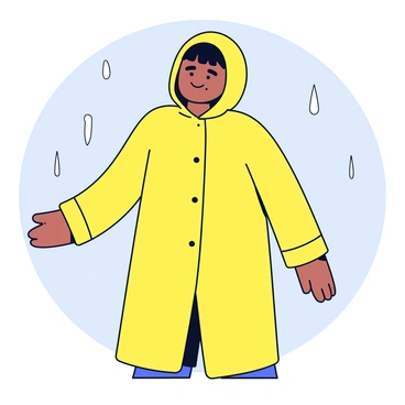 A person standing upright wearing a bright yellow raincoat. The raincoat has a hood that is pulled over the person’s head. Water droplets are visibly beading off the surface of the coat, demonstrating its waterproof insulation. The background shows a light gray sky, indicating that it is raining. The person has their arms relaxed at their sides, and their facial expression appears content despite the rain.