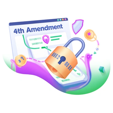 A modern pastel illustration depicting a series of digital data streams flowing towards a large, ornate lock at the center of the image. Above the lock, the words "'4th Amendment'" are displayed in bold, stylized letters. The data streams are represented with bright lines and symbols, including binary code, padlocks, and shields, illustrating the concept of privacy and security. The background features soft pastel colors to enhance the overall composition of the image.