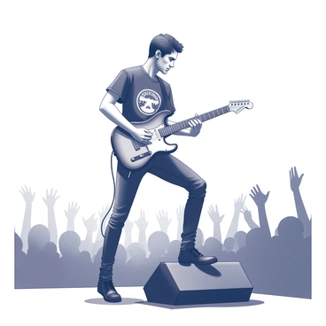 A guitarist stands confidently on stage, wearing tight leather pants that highlight their stance. The performer is dressed in a black band tee featuring a prominent logo. The guitarist grips the neck of an electric guitar, one foot elevated on a monitor speaker for added emphasis. Bright stage lights illuminate the scene, casting dynamic shadows that enhance the intensity of the performance. The crowd in the background is visible, hands raised in excitement, creating an electric atmosphere.