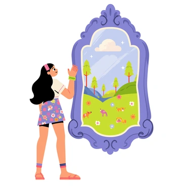 A young woman named Priscilla stands in front of a large, ornate mirror with intricate designs on the frame. She has long, flowing hair and wears a colorful dress adorned with floral patterns. Priscilla gazes intently into the mirror, which reflects a vibrant, magical world filled with fantastical creatures and lush landscapes. In the reflection, there are sparkling trees, whimsical animals, and a sky painted with swirling colors. The enchanted mirror appears to glow softly, highlighting the contrast between Priscilla and the enchanting world within.