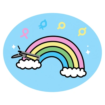 A paintbrush is positioned in the center, actively creating a vibrant rainbow that arches across a clear blue sky. The rainbow features distinct bands of color, including red, orange, yellow, green, blue, and purple. Surrounding the paintbrush and the rainbow are several floating gender symbols in various colors, including the male symbol, female symbol, and others, gently drifting in the air. Each symbol is clearly defined and adds a playful touch to the scene, complementing the artistic action of the paintbrush.