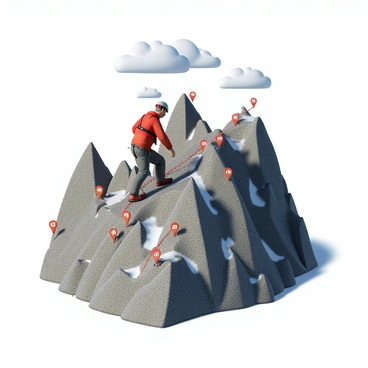 A climber wearing a red jacket and gray climbing pants is ascending a rocky mountain. The climber is equipped with a climbing harness and a helmet for safety. They are carefully navigating a steep path that is lined with several brightly colored ROI markers, each strategically placed along the route to indicate points of interest. The mountain is rugged, with jagged rocks and patches of snow, and the sky above is clear with a few scattered clouds.