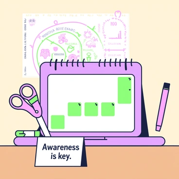 A calendar is displayed on a wooden desk. The calendar has clearly marked dates for breast self-exams, highlighted in green. The background features a simple illustration of a menstrual cycle, with a circular diagram showing different phases, labeled with "Menstrual," "Follicular," "Ovulatory," and "Luteal." Each phase is represented with symbols or icons, enhancing the visual understanding. Additionally, a small note is attached to the bottom of the calendar that reads "Awareness is key" in a prominent, readable font. A pair of pink scissors and a pink highlighter sit beside the calendar, suggesting preparation and engagement with the content.