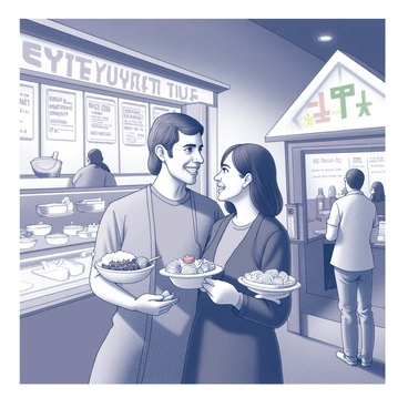 A couple stands close together in a bustling night market. They are sampling various dishes from different stalls surrounding them. The woman holds a small plate with an assortment of food, including skewers and dumplings, while the man holds a paper bowl filled with noodles. Brightly lit stalls are adorned with colorful signs displaying the names of the dishes. The couple is engaged in conversation, with smiles on their faces, as they glance at the food selections available around them. In the background, other market-goers can be seen enjoying their meals and browsing the vibrant stalls.