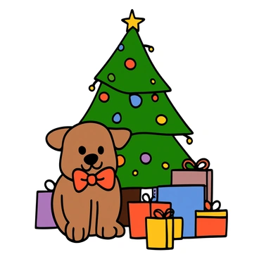 A fluffy puppy with light brown fur is sitting under a decorated Christmas tree. The puppy has big, round eyes and is wearing a large red bow around its neck. The Christmas tree is adorned with colorful ornaments and twinkling lights. There are wrapped presents in various sizes scattered around the base of the tree. The scene is cozy and festive, with a warm glow illuminating the puppy and the gifts.