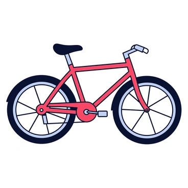 A bicycle is depicted in a side view, clearly showing its frame, wheels, handlebars, pedals, and seat. Each component is labeled with clear text. The frame is colored in a bold red, while the wheels are black with silver rims. The handlebars are positioned near the top, showcasing the grips and brake levers. The pedals are attached to the crankset at the bottom of the frame. A comfortable seat is centered above the rear wheel. Each label is placed neatly next to its corresponding part for easy identification.