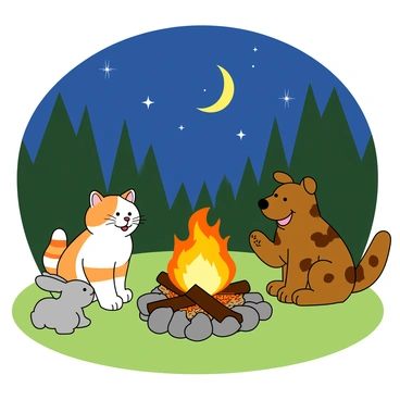 A playful cartoon cat with orange and white stripes is sitting comfortably by a crackling campfire. Next to the cat, there is a small, fluffy gray rabbit with big ears, listening intently. On the other side, a cheerful dog with a wagging tail, covered in brown spots, is animatedly gesturing as it tells a story. The campfire emits warm, glowing embers and the flames dance upward. Above them, a clear night sky is filled with twinkling stars and a bright crescent moon. The surrounding area includes soft green grass, and a few tall trees silhouette the scene, creating a cozy atmosphere. Each character has a relaxed expression, enjoying their time together.