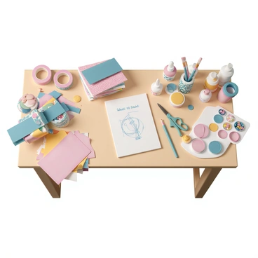 A craft desk made of light wood, covered with various materials for creating budget DIY projects. Scattered across the surface are colorful rolls of washi tape, a stack of vibrant construction paper, and a pair of scissors with a patterned handle. There are jars filled with buttons and beads in assorted colors, some glue bottles, and a small sewing kit. A notepad with sketches of project ideas lies open, and there are paintbrushes and a palette with bright acrylic paints. The scene is well-organized, showcasing a lively and creative crafting environment.