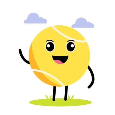A cartoon mascot shaped like a bright yellow tennis ball, featuring a large, friendly face with big, expressive eyes and a wide smile. The tennis ball has two short arms and two legs, both shown in a simple, rounded style. The arms are raised in a cheerful gesture, and the legs stand firmly on a grassy surface. The tennis ball character is adorned with small, white stripes that resemble the traditional tennis ball design. A blue sky with a few fluffy white clouds is visible in the background.