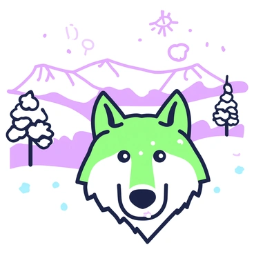 A wolf head is prominently displayed in the foreground, showcasing its features with frost clinging to its fur. The wolf's eyes are bright and alert, reflecting the surroundings. The fur appears thick and textured, with small ice crystals embedded within. In the background, a vast snowy landscape is visible, featuring rolling hills covered in fresh snow. Flakes of snow gently fall from the sky, enhancing the wintry atmosphere. Sparse, leafless trees are scattered throughout the landscape, silhouetted against the pale sky.