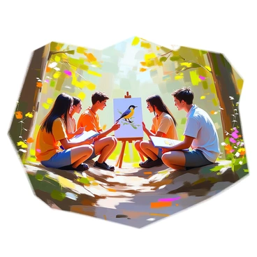 A group of five students is gathered on a forest trail, each engaged in sketching the local wildlife and vegetation. The students vary in appearance, with two having dark hair and three with light hair. They are dressed in casual outdoor clothing, holding sketchbooks and pencils. Surrounding them are lush green trees and various plants, creating a vibrant natural backdrop. One student is focused on drawing a bird perched on a branch, while another is sketching a colorful flower nearby. The forest floor is sprinkled with fallen leaves and small stones, adding to the rich detail of the scene.
