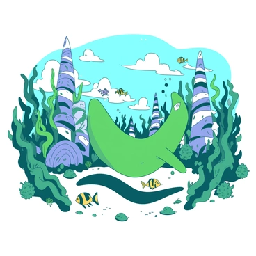 A green eel swims gracefully through a whimsical underwater city constructed from various shells and vibrant seaweed. The city features towering structures made of large, spiral shells, with intricate patterns and textures visible. Lush green seaweed sways gently in the currents, providing a lively backdrop to the scene. Colorful fish dart around the eel, adding movement and life to the bustling underwater environment. Sunlight filters through the water, casting shimmering reflections on the sandy ocean floor.