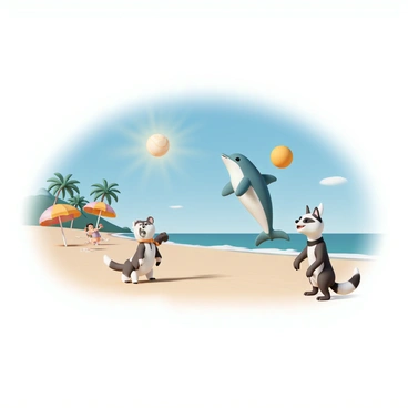 A vibrant beach scene during the day, with a bright blue sky and a shining sun. Several cartoon animals are playing volleyball near the water's edge. A cheerful dolphin is jumping in the air, while a playful dog with a wagging tail is ready to hit the ball. Nearby, a raccoon is standing on its hind legs, looking excited. In the background, gentle waves are lapping at the shore, and a few palm trees sway slightly in the warm breeze. Colorful beach umbrellas and a sandy beach complete the lively atmosphere.