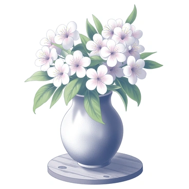 A floral arrangement consisting of fresh apple blossoms in full bloom. The blossoms are white with hints of pink and have lush green leaves surrounding them. The arrangement is placed in a rustic, textured vase made of clay or ceramic, showcasing an earthy appearance. The vase is positioned on a weathered wooden table, with visible grains and imperfections, adding to the rustic charm of the scene. The natural setting enhances the freshness of the apple blossoms.