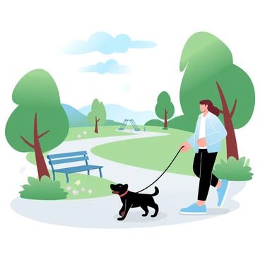 A person wearing a light jacket is walking a small dog on a leash through a neighborhood park. The dog is happily trotting beside the person. Lush green grass covers the ground, and several colorful flowers are blooming nearby. Tall trees provide shade, their leaves rustling gently in the breeze. In the background, several park benches are visible, and a path winds through the park, leading towards a distant playground. The sky is clear with a few fluffy clouds. A bright sun is shining down, casting soft shadows on the ground.