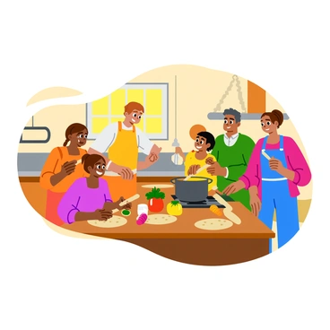 A cozy kitchen filled with warm colors and an inviting atmosphere. A family of four is gathered around a wooden table, engaged in cooking. The parents are stirring a large pot on the stove, while their two children are rolling out dough with smiles on their faces. Various ingredients, such as colorful vegetables and spices, are scattered across the table. Sunlight streams through a window, illuminating the space and casting cheerful shadows. A delicious aroma fills the air, creating a sense of joy and togetherness. "Laughter" and "delicious food" can be felt in the warm, communal setting.