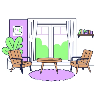 A living room features a cozy seating arrangement made of upcycled wooden furniture. In the center, there is a wooden coffee table with a distinct grain pattern, surrounded by two chairs that also showcase the rustic charm of reclaimed wood. A plush area rug sits beneath the furniture, adding warmth to the space. Against one wall, there is a wooden shelf displaying books and decorative items. Natural light streams in through a large window adorned with sheer curtains, casting soft shadows across the room. A potted plant in the corner adds a touch of greenery, completing the inviting atmosphere.