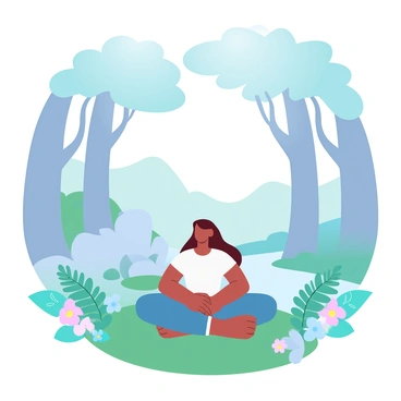 A person is sitting cross-legged on a soft patch of moss in a lush forest. The individual has their hands resting gently on their knees, and their head is slightly tilted forward, reflecting a peaceful posture. Surrounding the person, tall trees with thick trunks create a canopy overhead, allowing soft rays of sunlight to filter through the leaves. The forest floor is covered with vibrant green ferns and colorful wildflowers. In the background, a gentle stream can be seen flowing smoothly over rocks, adding a sense of tranquility to the scene.