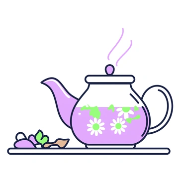 A glass teapot is placed on a wooden table, filled with hot water. Inside the teapot, several chamomile flowers are floating, their delicate petals visible against the clear glass. The teapot features a curved handle and a spout, and steam is gently rising from the opening. A small wooden spoon rests next to the teapot, while a couple of chamomile flowers lie scattered on the table beside it. The scene captures the essence of tea steeping, with a focus on the teapot and the flowers within.