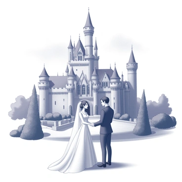 A bride wearing an elaborate gown stands beside a groom dressed in a formal suit. They are positioned in front of a tall, majestic castle featuring numerous turrets and a grand entrance. The castle is surrounded by lush greenery and meticulously kept gardens. The couple is holding hands, gazing into each other's eyes. The sky above offers a hint of clouds, creating a romantic atmosphere around this fairytale setting.