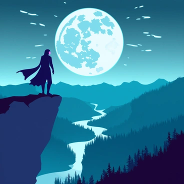 A lone figure with a silhouette against the night sky is standing on a rocky cliff. The figure is wearing a long, flowing cloak that billows in the wind. Below, a vast valley is illuminated by the soft glow of the full moon, casting silver light over the landscape. The valley is filled with rolling hills, dense forests, and a winding river that reflects the moonlight. The sky above is clear, with scattered stars twinkling, while wisps of clouds drift lazily past the moon. The scene conveys a sense of solitude and wonder.