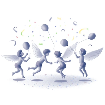 A festival scene with cupids celebrating with confetti and balloons