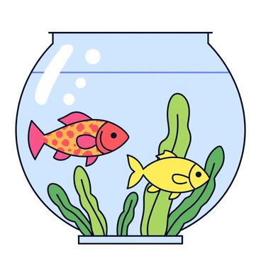 A redfish with vibrant orange-red scales swims gracefully in a clear glass aquarium. Next to it is a goldfish with shiny golden scales, both fish exploring their shared space. The aquarium is adorned with various green aquatic plants, adding texture and life to the scene. The plants have long, flowing leaves that sway gently in the water. Sunlight filters through the top of the aquarium, casting soft reflections on the glass and illuminating the colorful fish.