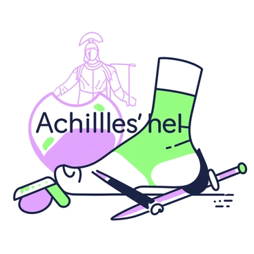 A close-up view of a human foot with a prominent heel is depicted. The heel is slightly raised and exposed, showcasing its delicate structure. Surrounding the foot, there are various symbols representing strength and vulnerability, such as a broken sword and a shield lying on the ground. The background features a faint outline of a warrior figure, emphasizing the contrast between power and fragility. In the center of the image, the phrase “Achilles' heel” is written in a bold font.