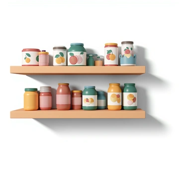 A wooden shelf filled with a variety of colorful canned goods and jars. The cans are in various sizes, featuring bright labels with illustrations of fruits and vegetables. There are jars filled with pickles, jams, and sauces, showcasing vibrant colors like deep red, bright green, and golden yellow. The arrangement of the cans and jars is neat and organized, creating an inviting display that draws the eye. Soft shadows fall across the shelf, enhancing the texture of the wood and the glossy surfaces of the containers. The overall scene conveys a sense of abundance and freshness.