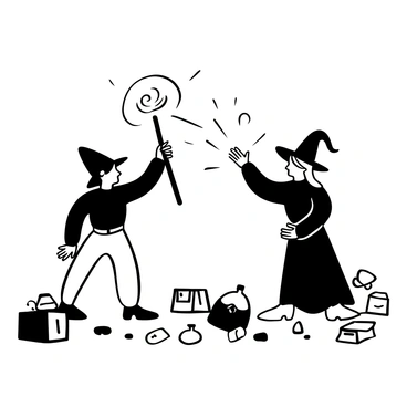 Two wizards standing opposite each other in a tense duel. One wizard is raising his staff, with a swirl of magical energy forming above it. The other wizard is extending his hands forward, emitting bright sparks of magic towards his opponent. Around them, the ground is littered with scattered spell books and potion bottles, while swirling magical symbols float in the air between them. The atmosphere is charged with energy, emphasizing the intensity of the spellcasting.