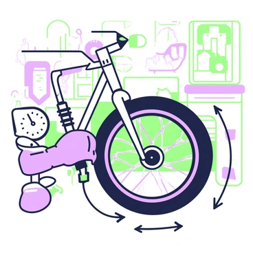 A close-up of a bicycle tire being pumped. The tire is mounted on a bike, and a hand is gripping a pump, which is actively pushing air into the tire. Arrows illustrated around the tire indicate air filling the tire, pointing towards the valve. The tire is visibly expanding as pressure increases, with a pressure gauge attached to the pump displaying a rising number. The background features a blurred view of a workshop setting with tools and bike parts.