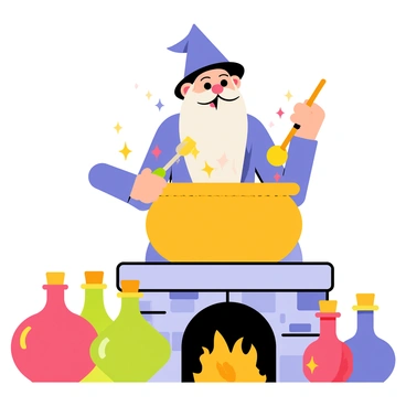 A wizard with a long, flowing beard and a pointed hat is stirring a bubbling cauldron with a wooden spoon. The cauldron sits atop a stone fireplace, emitting colorful fumes. Surrounding the cauldron are various potion bottles in vibrant colors such as red, green, blue, and purple, with cork stoppers. Each bottle has unique shapes and labels, and some are glowing. The scene captures the lively atmosphere of a magical laboratory.