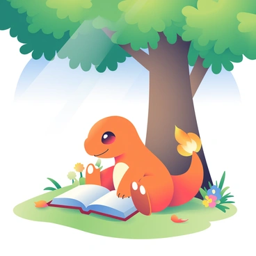 A curious Charmander with bright orange scales and a small flame on its tail is sitting on a patch of green grass under a large leafy tree. It is focused on a large open book that is resting on its lap, the pages slightly fluttering in the gentle breeze. Sunlight filters through the tree branches, casting dappled light patterns on the ground. Surrounding the Charmander are scattered fallen leaves, and a few colorful wildflowers peek through the grass nearby. The sky above is clear blue, indicating a perfect sunny day.