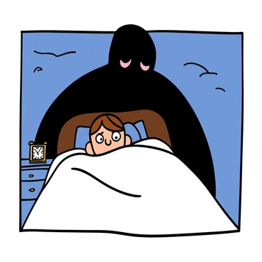 A person with light skin is lying in bed, covered with a white blanket. They have wide eyes, their expression one of fear, and their hair is disheveled. Above them, a shadowy figure with indistinct features looms, appearing menacing. The room is dimly lit, with soft shadows creeping across the walls, and a small bedside table can be seen with an alarm clock. The contrast of the bed's white blanket against the dark figure heightens the tension in the scene.