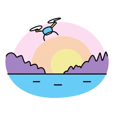 A toy drone, designed with bright colors and small propellers, is flying above a calm lake. The lake is reflecting the warm hues of the sunset, with orange, pink, and purple shades blending together in the sky. The surrounding landscape is simple, with silhouettes of distant trees lining the edges of the lake. The overall scene captures the moment as the drone hovers, focusing on the beautiful view of the sunset.