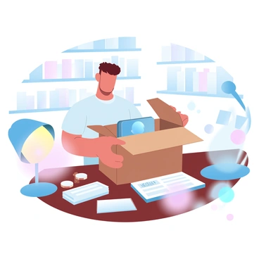 A customer is sitting at a wooden table, surrounded by an organized array of packing materials. The person is holding a cardboard box that is slightly open, revealing a sleek new electronic gadget inside, glowing softly. The room is brightly lit with warm light coming from a lamp nearby, creating a cozy atmosphere. Various colorful packaging materials are scattered around, including bubble wrap and tissue paper. A small, elegantly designed instruction manual is visible next to the box. In the background, there are shelves with books and decorative items, contributing to a homely setting.
