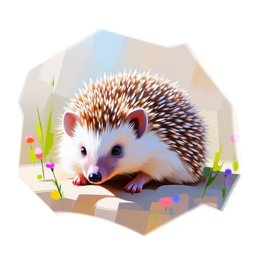 A hedgehog with a spiky, textured coat is curled into a tight ball, showcasing its natural defense mechanism. The hedgehog's quills are prominently displayed, creating a spherical shape that emphasizes its compact form. The background is a soft, natural setting with hints of green grass and small wildflowers, highlighting the hedgehog's small stature against the earth. The scene captures the essence of the hedgehog's ability to protect itself while resting in this defensive posture.