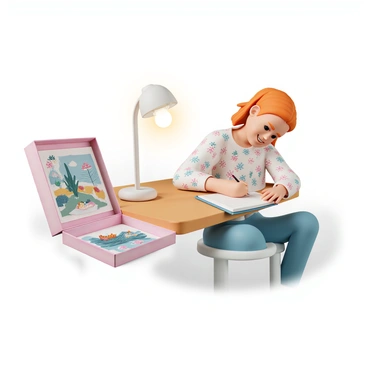 Nami writing in her journal, with an open illustrated box showcasing her favorite sketches.