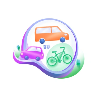A circular logo featuring abstract icons of a "car," a "bus," and a "bicycle" arranged harmoniously within the circle. The icons are designed with smooth lines and modern shapes, each representing its vehicle clearly while maintaining an abstract quality. The background of the circle is a soft pastel color, enhancing the clarity of the icons. Each vehicle icon is a different color, creating a balanced and visually appealing composition.