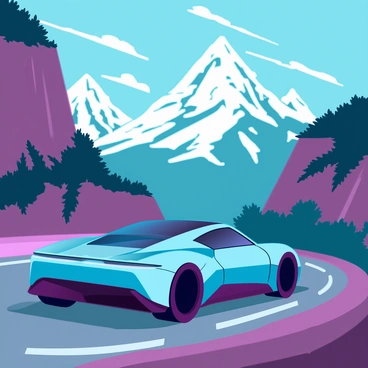 A sleek, futuristic sports car with a streamlined design is expertly navigating a winding mountain road. The car has a bright metallic blue exterior and aerodynamic contours, emphasizing speed and agility. The road is flanked by steep cliffs and lush greenery, highlighting the dramatic drops and twists of the terrain. In the background, majestic snow-capped peaks rise against a clear blue sky, with wispy clouds adding depth to the scene. Sunlight glints off the car's surface, accentuating its modern features as it curves around a bend in the road.