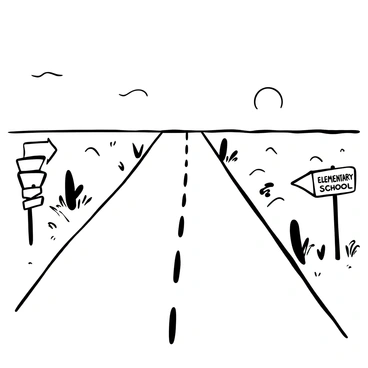 A long, empty highway stretches into the distance, with two signs visible on the side of the road. One sign reads "Elementary School" and the other reads "High School," both pointing towards the horizon. Surrounding the highway is a barren landscape, with sparse vegetation and a clear sky above. There are no visible paths leading from the highway to the schools indicated on the signs. The scene conveys a sense of isolation and desolation in the midst of the highway.